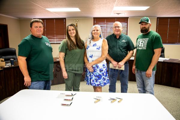 Superintendent Stephen English, Board Member Andrea Procella Heslip, Board President Kim Scales, TKC Maker Martin Mott and Board Member Carl Beall Jr.
