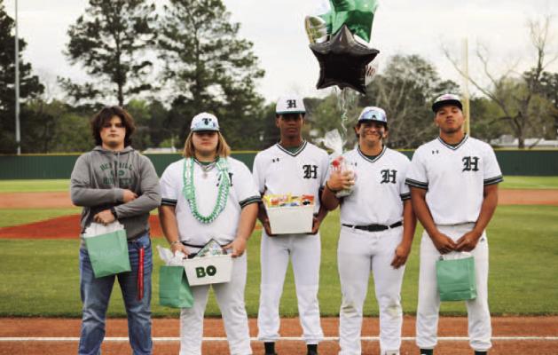 Hemphill Hornet baseball opened district at home with Senior Night. Honored right to left, Reagan Wall, Manager, Bo Conn, Tookie Williams, Remi Ross and Kam Arrington. The fellas, along with their team went on to defeat Newton 4-0. Reporter photo by Johanna Vickers