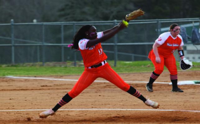 Reporter photo by Karley Goynes Hot on the mound... London Weatherspoon earns her first district win on the mound against Hemphill. The Tigers took an early lead and finished 5-2. Fun fact: these impressive ladies are coached by two fierce Lady Tiger Alumni- Hallie Hall and Riley (Lane) Jacks.