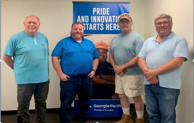 photo submitted Georgia-Pacific’s Pineland Lumber is helping to provide beds for area children who don’t have one of their own. Recently, Georgia-Pacific donated $1000 to the nonprofit organization Sleep in Heavenly Peace. Pictured from (l to r) are Brian Smith, Sleep in Heavenly Peace Chapter Co-President; Stephen Baxley, Pineland Lumber Assistant Plant Manager; Stanley Cleberg, Sleep in Heavenly Peace Chapter Co-President; and Chuck Anderson, Sleep in Heavenly Peace Core Team Member.