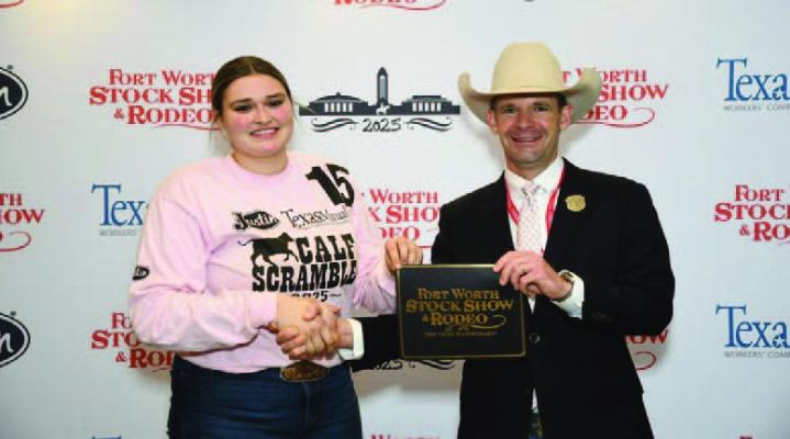 photo submitted Autumn Snow of Hemphill, a member of Hemphill FFA, caught a calf during the 2025 Fort Worth Stock Show &amp; Rodeo’s Calf Scramble, earning a $500 purchase certificate for a show heifer and the chance for up to $16,000 in scholarship awards. Snow is the daughter of James and Heather Snow. Her award was sponsored by Pytch Black.
