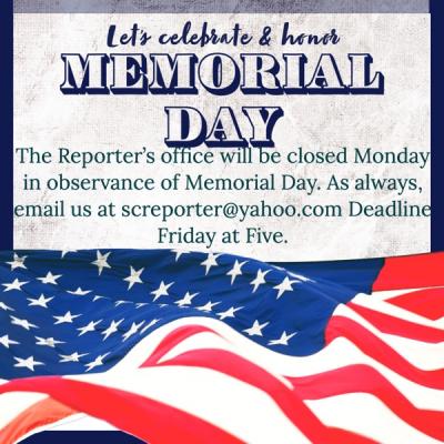 The Sabine Co. Reporter office will be closed Monday. 