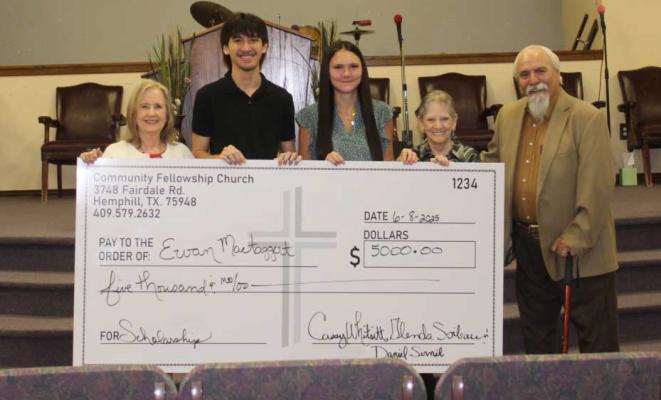 photo submitted Scholarship winner for the COMMUNITY FELLOWSHIP CHURCH SCHARSHIP this year 2025 is Ewan MacTaggart. Pictured from left to right: Cassey Whitsitt, Ewan Mac-Taggart, Emma Williams, Glenda Soileau, and Pastor Daniel Serenil.