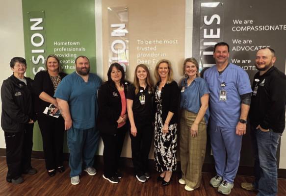 Photo L to R: Deb Harkins, Sabine County EMS Administrator; Carmen Stuck, Deep East Texas Regional Advisory Council (DETRAC) Manager; Logan Maxey, Radiology Director; Deborah Arndt, Laboratory Manager; Kelly Clark, Trauma Coordinator; Katie Foarde, DSHS Trauma Surveyor; Kaylee McDaniel, Hospital Administrator; Dr. Gregory Backofen, Trauma Medical Director; and Brian Corley, Chief Nursing Officer. photo submitted
