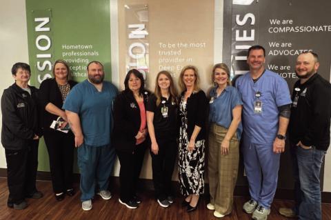 Photo L to R: Deb Harkins, Sabine County EMS Administrator; Carmen Stuck, Deep East Texas Regional Advisory Council (DETRAC) Manager; Logan Maxey, Radiology Director; Deborah Arndt, Laboratory Manager; Kelly Clark, Trauma Coordinator; Katie Foarde, DSHS Trauma Surveyor; Kaylee McDaniel, Hospital Administrator; Dr. Gregory Backofen, Trauma Medical Director; and Brian Corley, Chief Nursing Officer. photo submitted