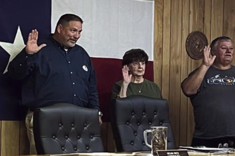 Sworn... New Hemphill Mayor Jamie Westbrook was sworn in during May’s regular scheduled meeting, along with Edith McCauley, new to Alderman Place 2 and Glen Chance, Alderman Place 5 and Mayor Pro-Tem. Chance McCauley and Tina Adair, new to Place 4, were all unopposed in this year’s city elections. Reporter photo